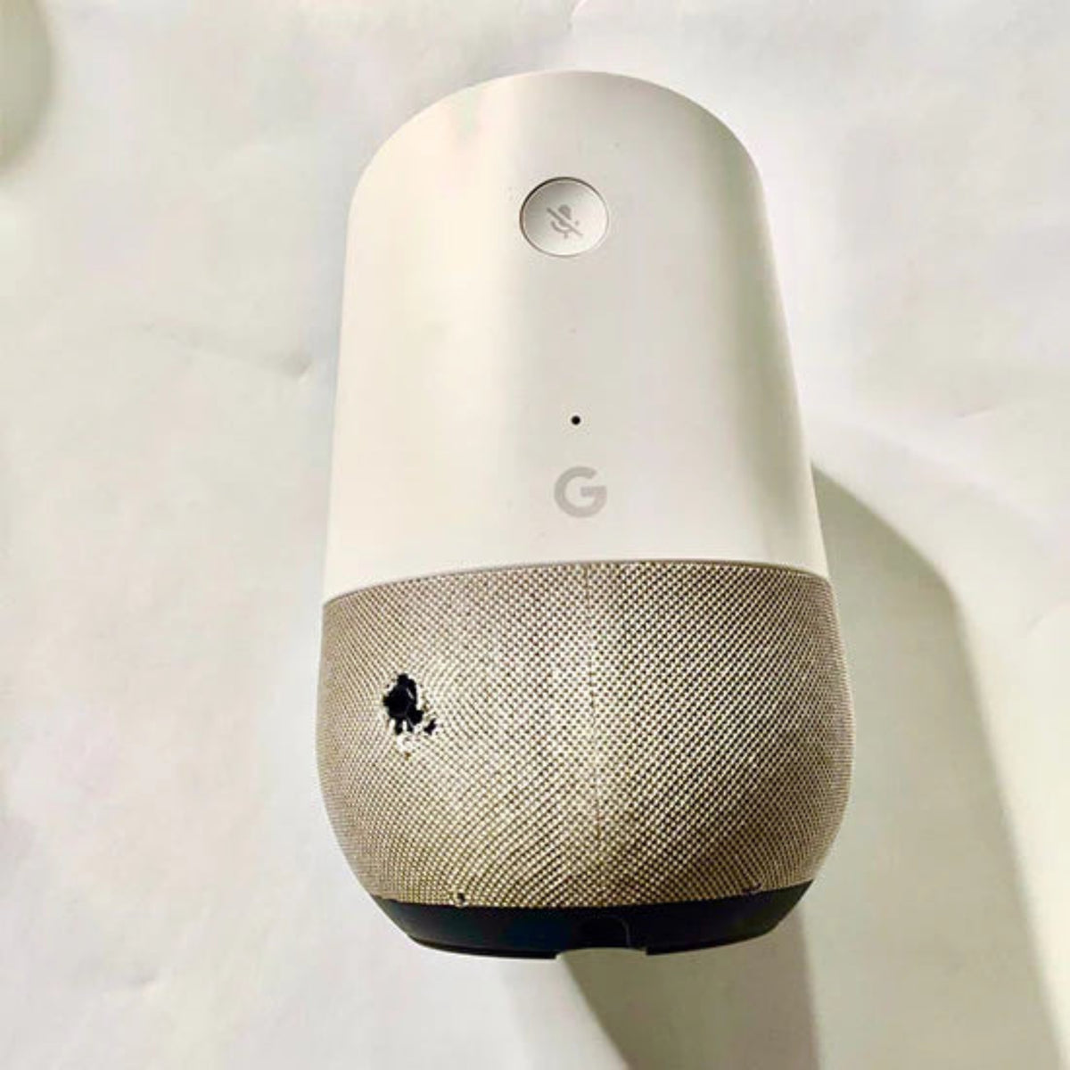 Google Home device promotional torn with original power adopter